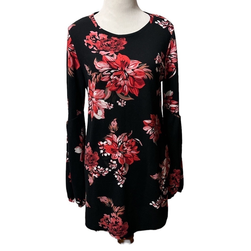 Lildy brand super soft, black sweater tunic with red and pink floral design